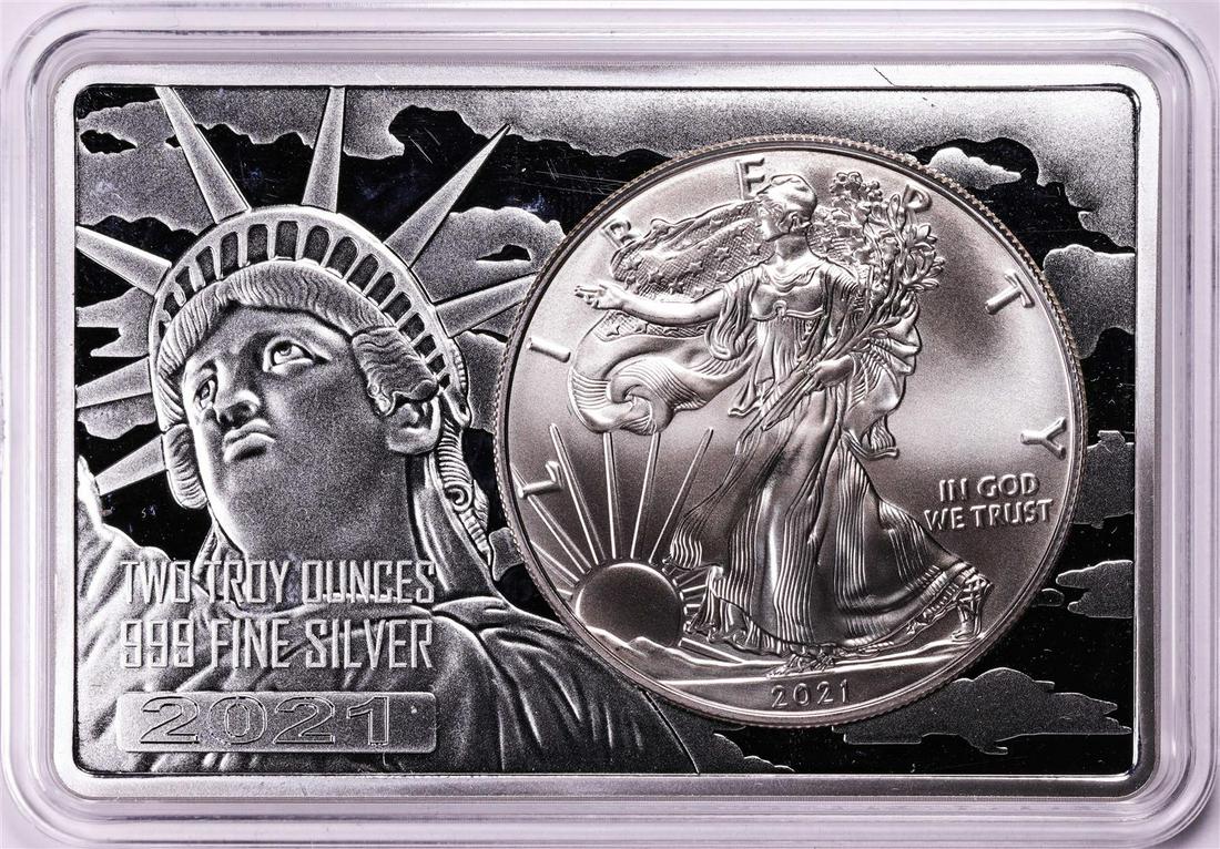 2021 Type 1 $1 American Silver Eagle Coin & 2oz Silver Bar Set: One 2021 Type 1 $1 American Silver Eagle Coin & 2oz Silver Bar Set.