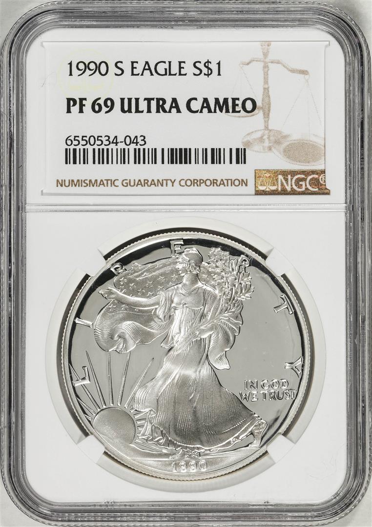 1990-S $1 Proof American Silver Eagle Coin NGC PF69 Ultra Cameo: One 1990-S $1 Proof American Silver Eagle Coin NGC PF69 Ultra Cameo. NGC Certified.
