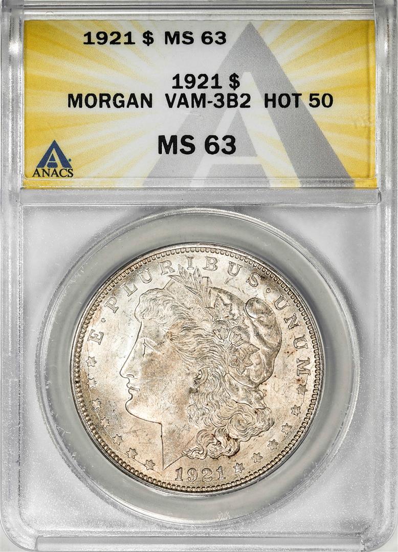 1921 VAM-3B2 Hot 50 $1 Morgan Silver Dollar Coin ANACS MS63: One 1921 VAM-3B2 Hot 50 $1 Morgan Silver Dollar Coin ANACS MS63. ANACS Certified.