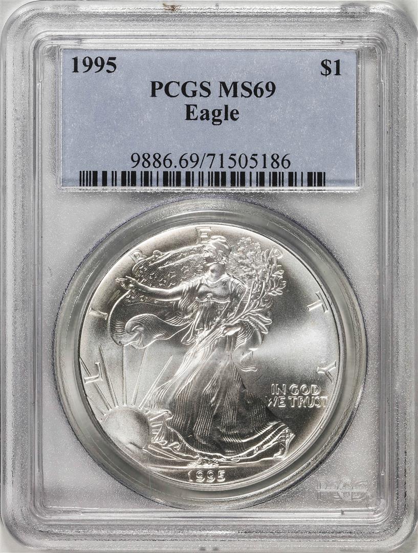 1995 $1 American Silver Eagle Coin PCGS MS69: One 1995 $1 American Silver Eagle Coin PCGS MS69. PCGS Graded.