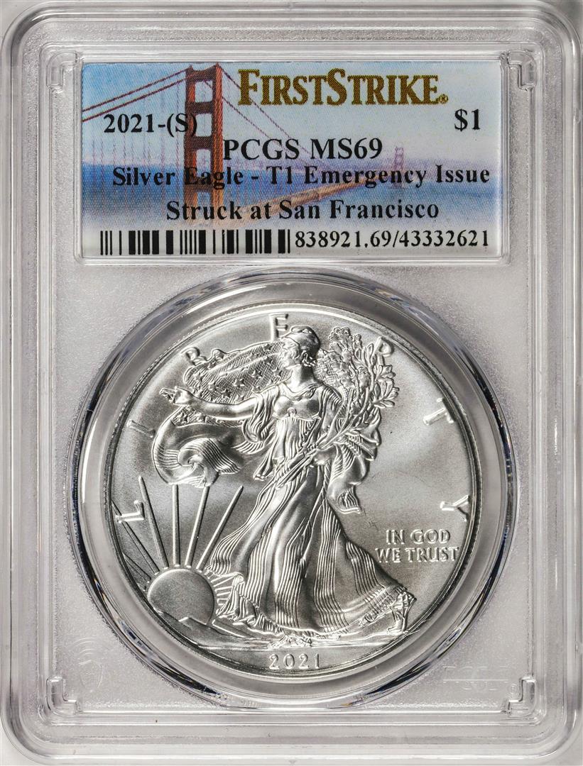 2021-(S) Type 1 $1 American Silver Eagle Coin PCGS MS69 First Strike Emergency Issue: One 2021-(S) Type 1 $1 American Silver Eagle Coin PCGS MS69 First Strike Emergency Issue. PCGS Graded.