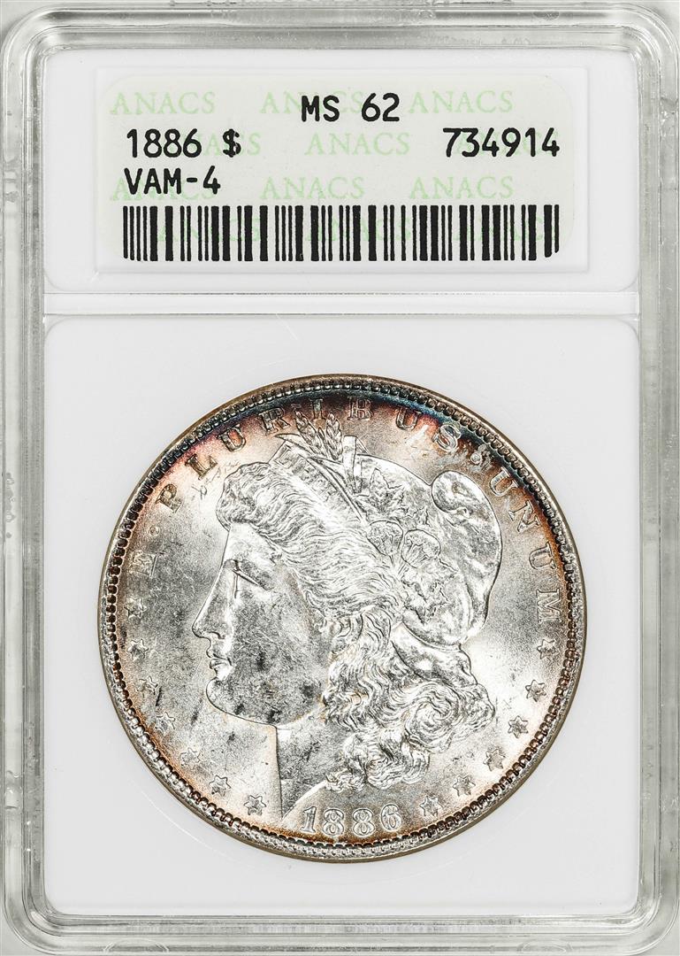 1886 VAM-4 $1 Morgan Silver Dollar Coin ANACS MS62 Old Soap Box Holder: One 1886 VAM-4 $1 Morgan Silver Dollar Coin ANACS MS62 Old Soap Box Holder. ANACS Certified.