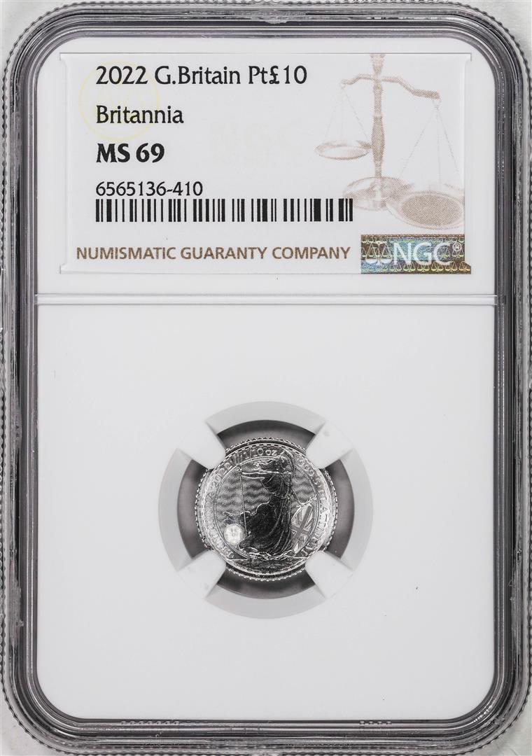 2022 Great Britain 10 Pounds Britannia 1/10oz Platinum Coin NGC MS69: One 2022 Great Britain 10 Pounds Britannia 1/10oz Platinum Coin NGC MS69. NGC Certified.