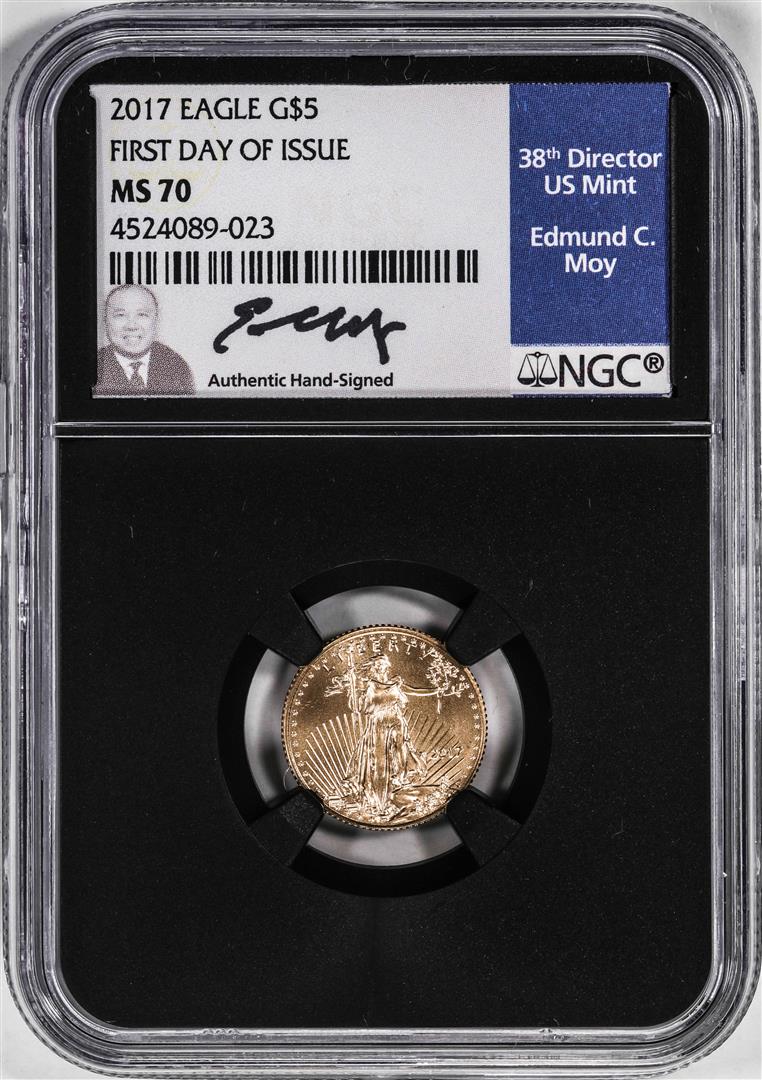 2017 $5 American Gold Eagle Coin NGC MS70 FDOI Moy Signature: One 2017 $5 American Gold Eagle Coin NGC MS70 FDOI Moy Signature. NGC Certified.