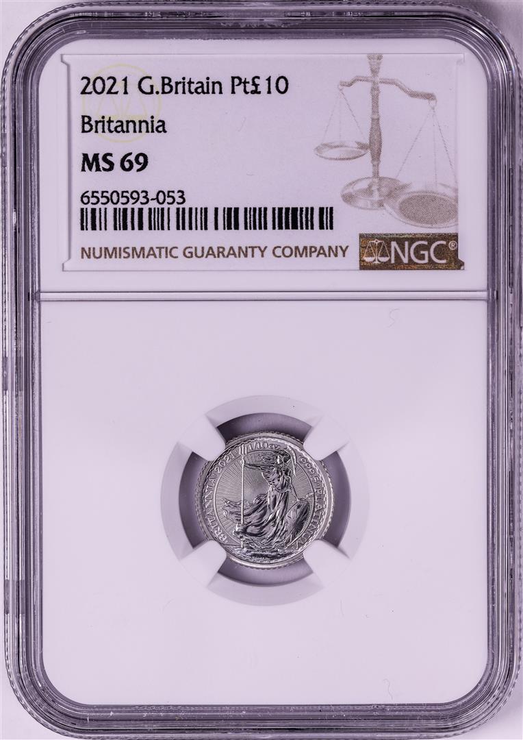 2021 Great Britain 10 Pounds Britannia 1/10oz Platinum Coin NGC MS69: One 2021 Great Britain 10 Pounds Britannia 1/10oz Platinum Coin NGC MS69. NGC Certified.