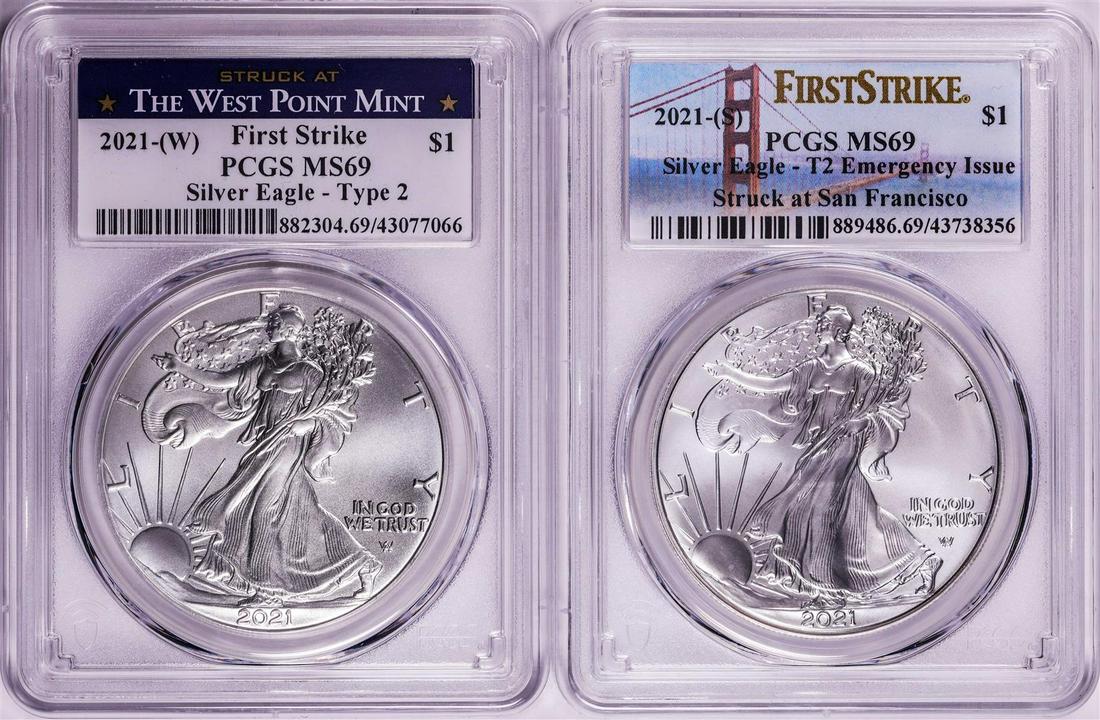 Lot of 2021-(S) & (W) Type 2 $1 American Silver Eagle Coins PCGS MS69 First Strike: One Lot of 2021-(S) & (W) Type 2 $1 American Silver Eagle Coins PCGS MS69 First Strike. PCGS Graded.