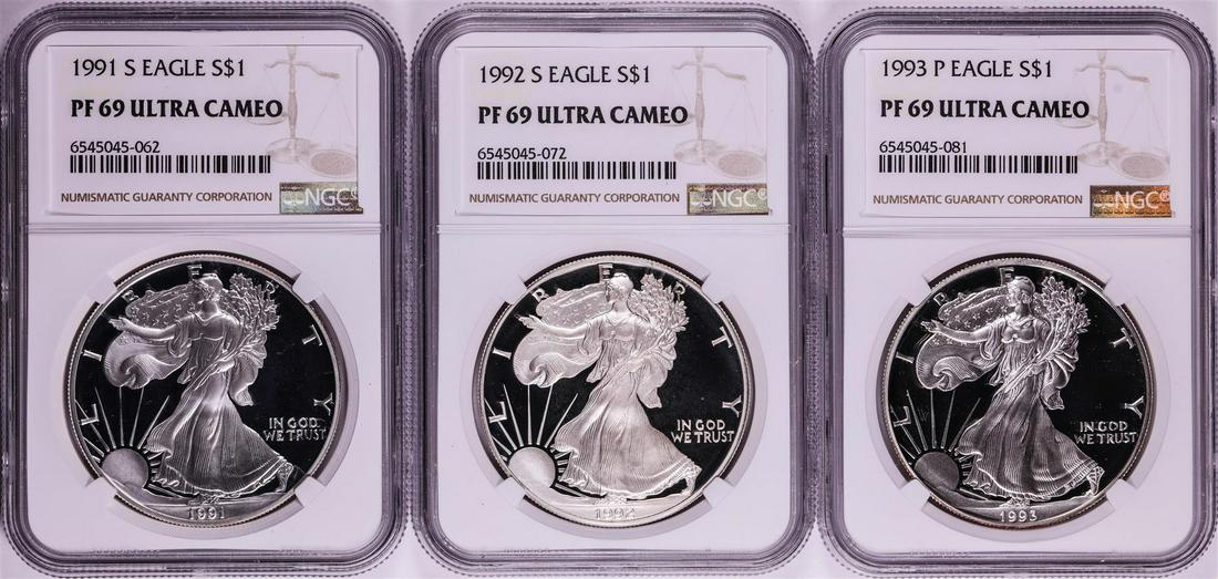 Lot of 1991-1993 $1 Proof American Silver Eagle Coins NGC PF69 Ultra Cameo: One Lot of 1991-1993 $1 Proof American Silver Eagle Coins NGC PF69 Ultra Cameo. NGC Certified.