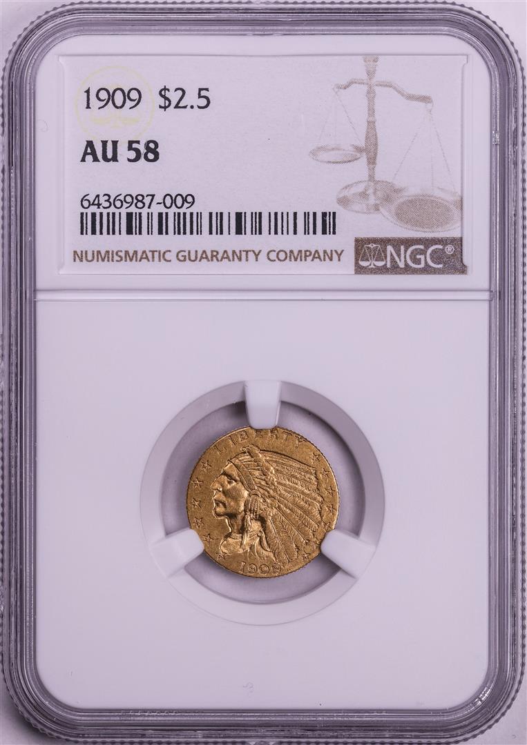 1909 $2 1/2 Indian Head Quarter Eagle Gold Coin NGC AU58: One 1909 $2 1/2 Indian Head Quarter Eagle Gold Coin NGC AU58. NGC Certified.