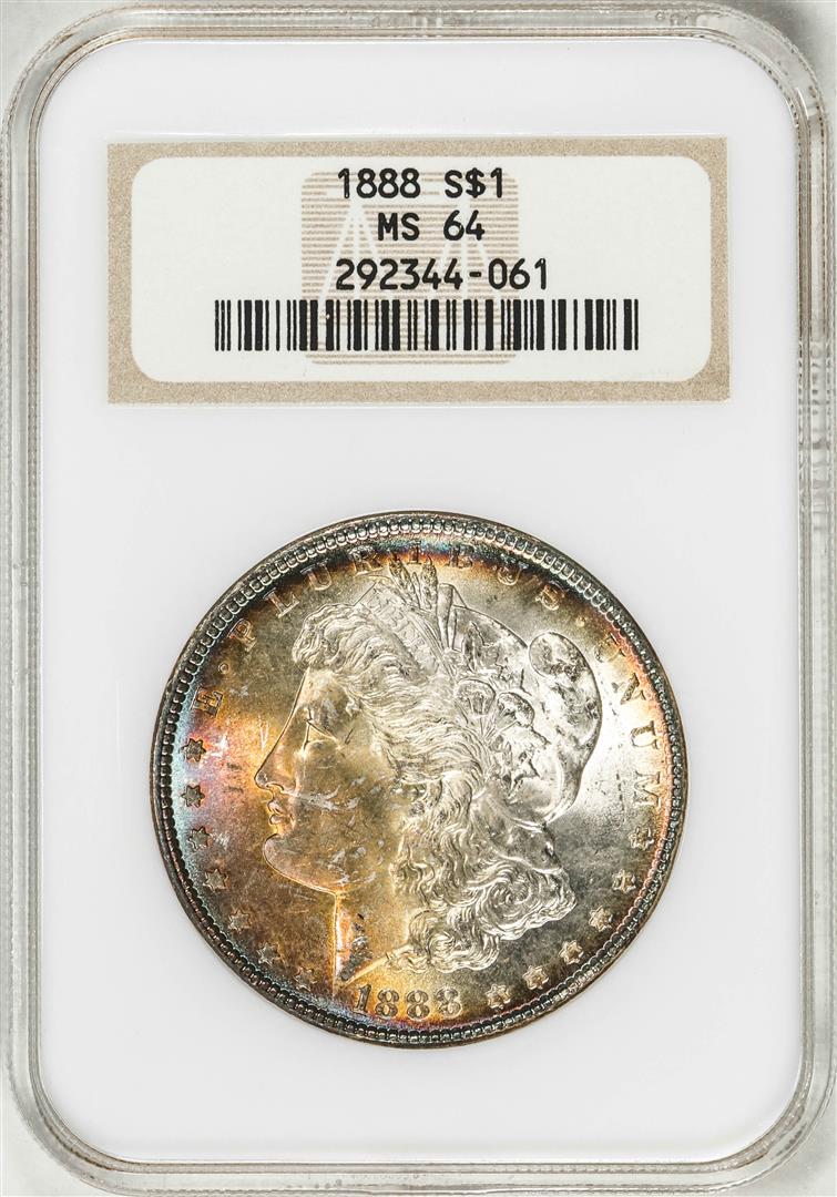 1888 $1 Morgan Silver Dollar Coin NGC MS64 Amazing Toning: One 1888 $1 Morgan Silver Dollar Coin NGC MS64 Amazing Toning. NGC Certified.