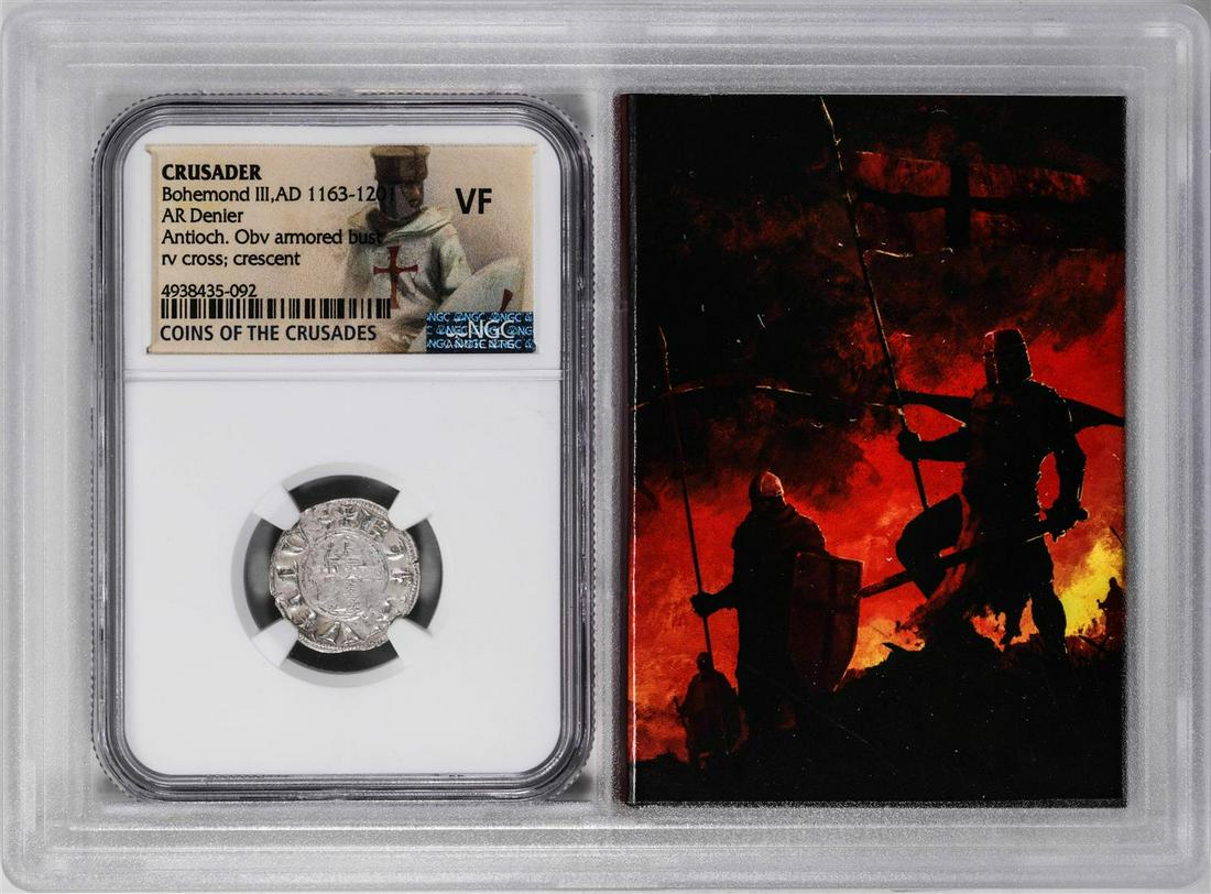 Crusader Bohemond III, 1163-1201 AD AR Denier Ancient Coin NGC VF Story Box: One Crusader Bohemond III, 1163-1201 AD AR Denier Ancient Coin NGC VF Story Box. NGC Certified.