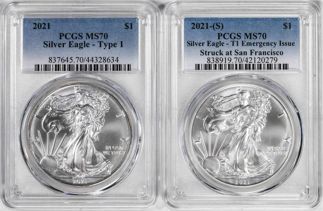 Lot of 2021 & 2021-(S) Type 1 $1 American Silver Eagle Coins PCGS MS70: One Lot of 2021 & 2021-(S) Type 1 $1 American Silver Eagle Coins PCGS MS70. PCGS Graded.