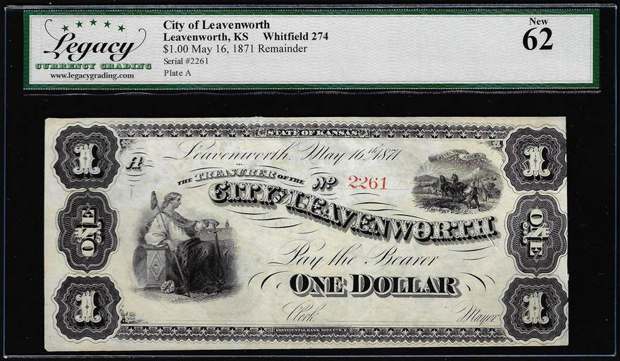 May 16, 1871 1 Treasurer of City of Leavenworth, KS Obsolete Note
