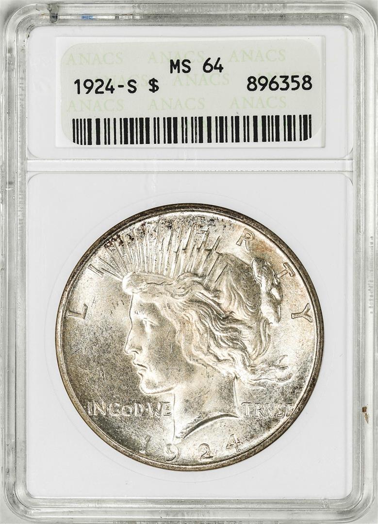 1924-S $1 Peace Silver Dollar Coin ANACS MS64 Old Soap Box: One 1924-S $1 Peace Silver Dollar Coin ANACS MS64 Old Soap Box. ANACS Certified.