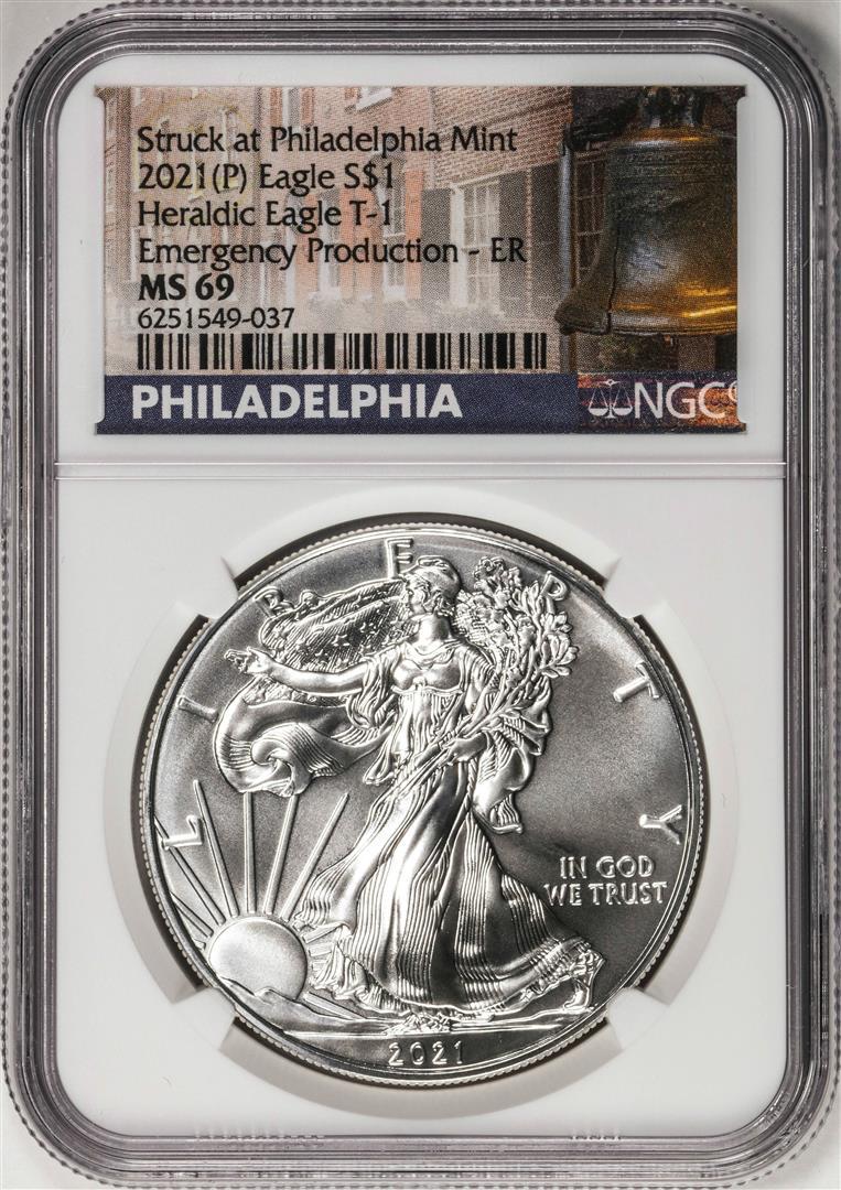 2021-(P) Type 1 $1 American Silver Eagle Coin NGC MS69 Early Release Emergency Issue: One 2021-(P) Type 1 $1 American Silver Eagle Coin NGC MS69 Early Release Emergency Issue. NGC Certified.