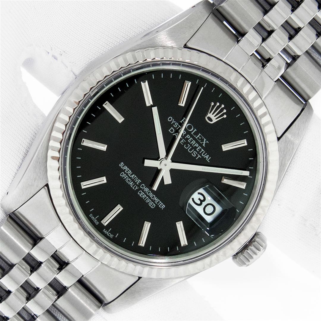 Rolex Men's Stainless Steel Oyster Perpetual Datejust Wristwatch With Rolex Box: One Men's Pre Owned Rolex Datejust Polished, Serviced & Electronically Tested, Rolex Stainless Steel Case: 36mm, Rolex Stainless Steel Crown, Rolex Bezel: 14K White Gold Fluted Bezel. Custom Crystal: