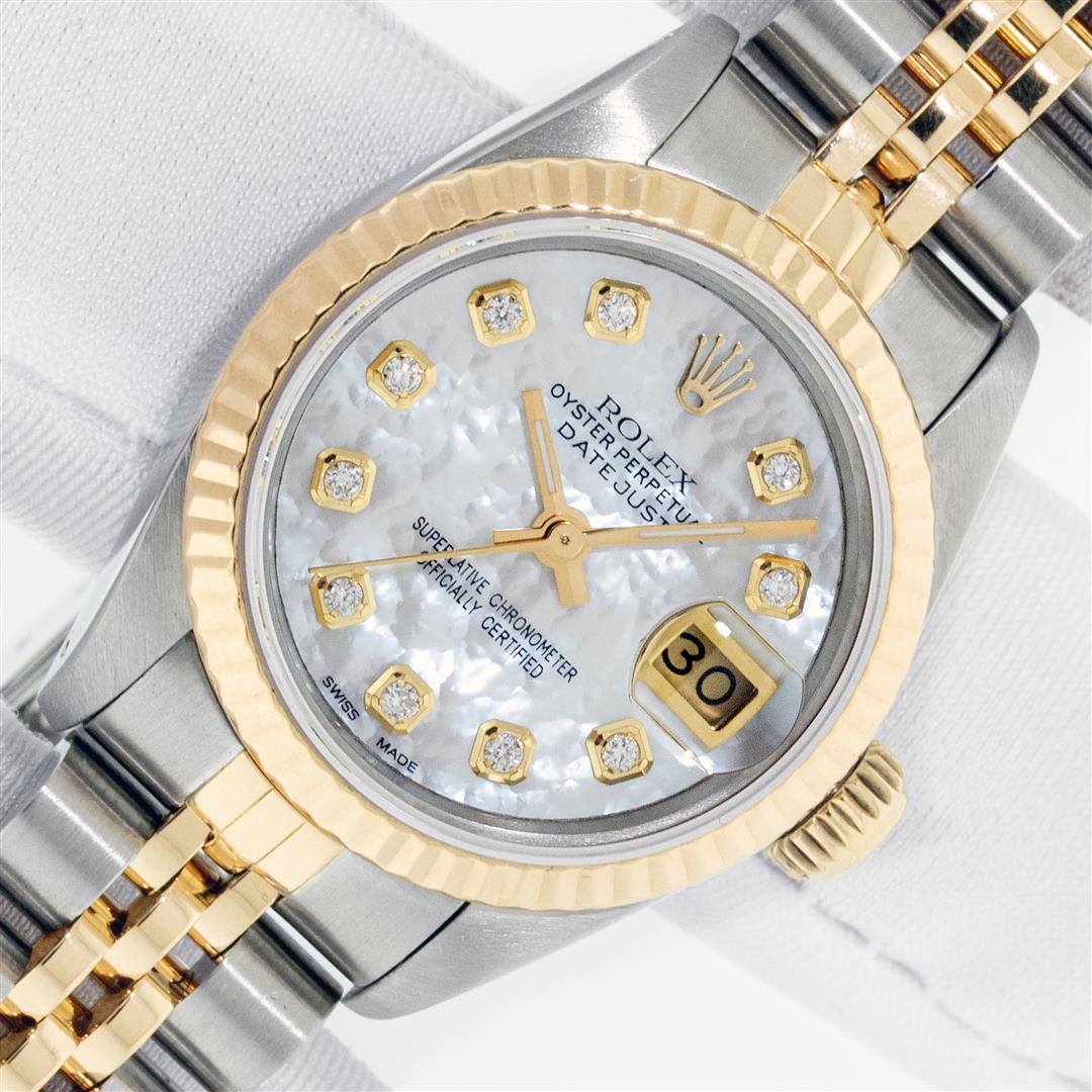 Rolex Ladies Two Tone MOP Diamond Datejust Watch With Rolex Box: One Ladies Pre Owned Two Tone Rolex Datejust Polished, Serviced & Electronically Tested, Rolex Yellow Gold & Stainless Steel Case: 26mm, Rolex Yellow Gold Crown, Rolex Bezel: Yellow Gold Fluted Bezel.