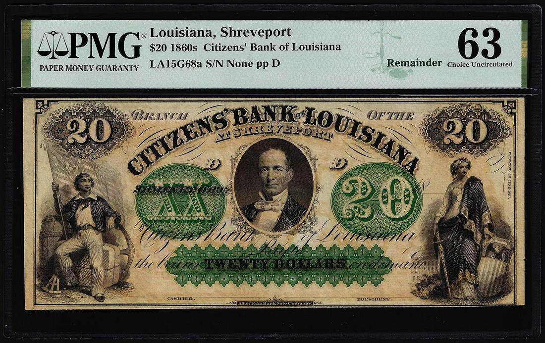 1860's $20 Citizens Bank Louisiana at Shreveport Obsolete Note PMG Ch. Uncirculated 63: One 1860's $20 Citizens Bank Louisiana at Shreveport Obsolete Note PMG Ch. Uncirculated 63. PMG Certified.