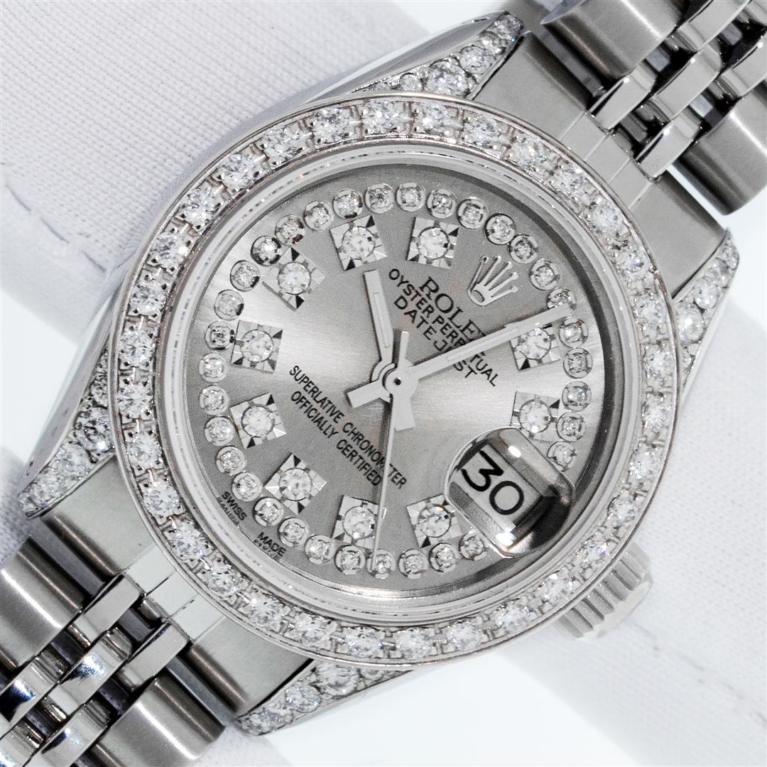 Rolex Ladies Stainless Steel Slate Grey Diamond Datejust Wristwatch: One Ladies Stainless Steel Rolex Datejust Polished Bright with Satin Finish, Serviced & Electronically Tested, Rolex Stainless Steel Case: 26mm, Rolex Stainless Steel Crown, Custom Diamond Lugs: 24 Di