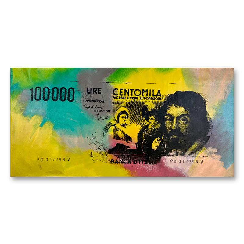 Steve Kaufman (1960-2010) "100000 Lire Centomila" Original Mixed Media on Canvas: "100000 Lire Centomila" is a limited edition hand pulled silkscreen mixed media on canvas by Andy Warhol protege Steve Kaufman (1960-2010). This piece is numbered and PP 14/100 and hand signed inverso