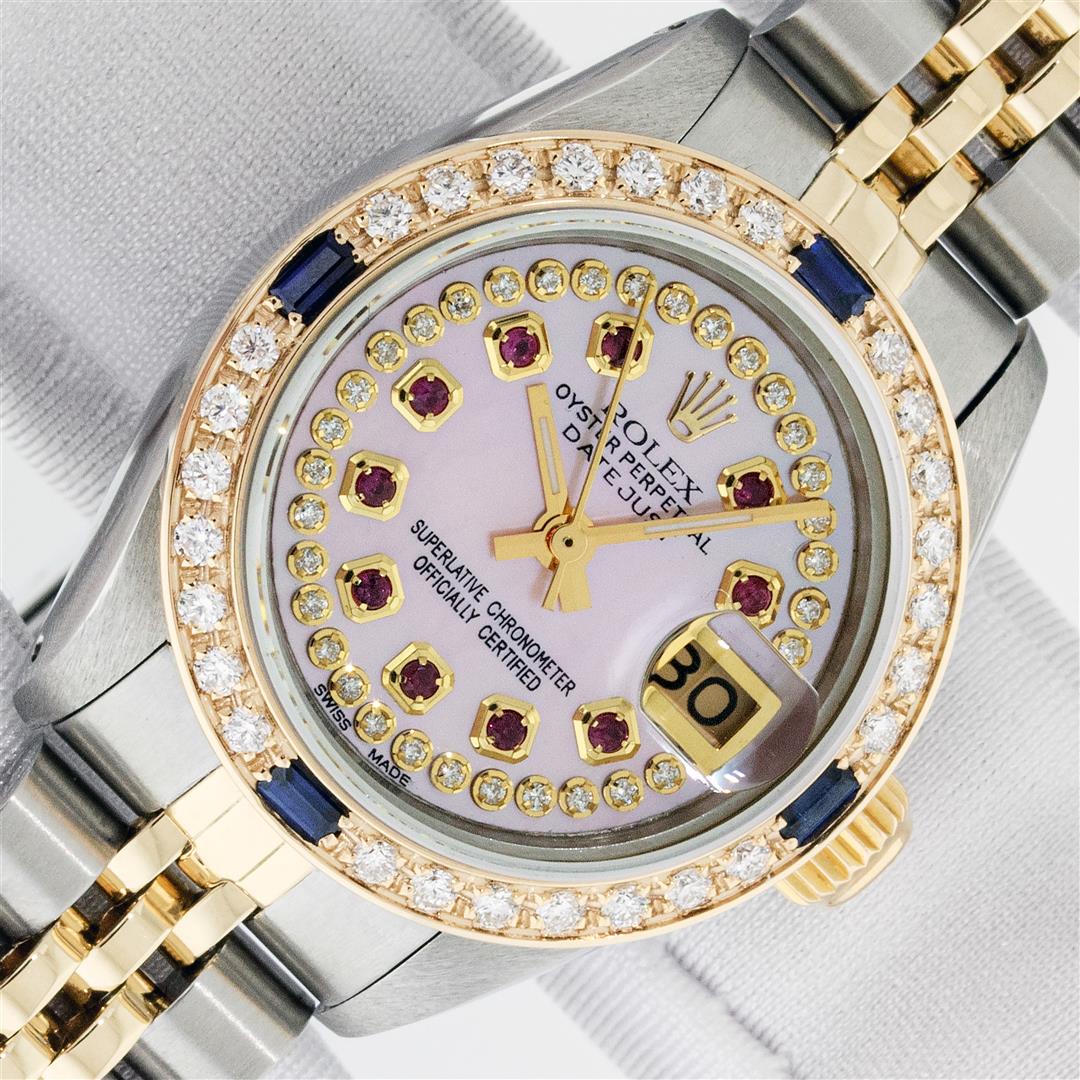 Rolex Ladies Two Tone Diamond, Ruby and Sapphire Datejust Wristwatch: One Ladies Two Tone Rolex Datejust Polished, Serviced & Electronically Tested, Yellow Gold & Stainless Steel Case: 26mm, Yellow Gold Crown, Custom Bezel: New 18K New Yellow Gold Sapphire Beadset Diamo