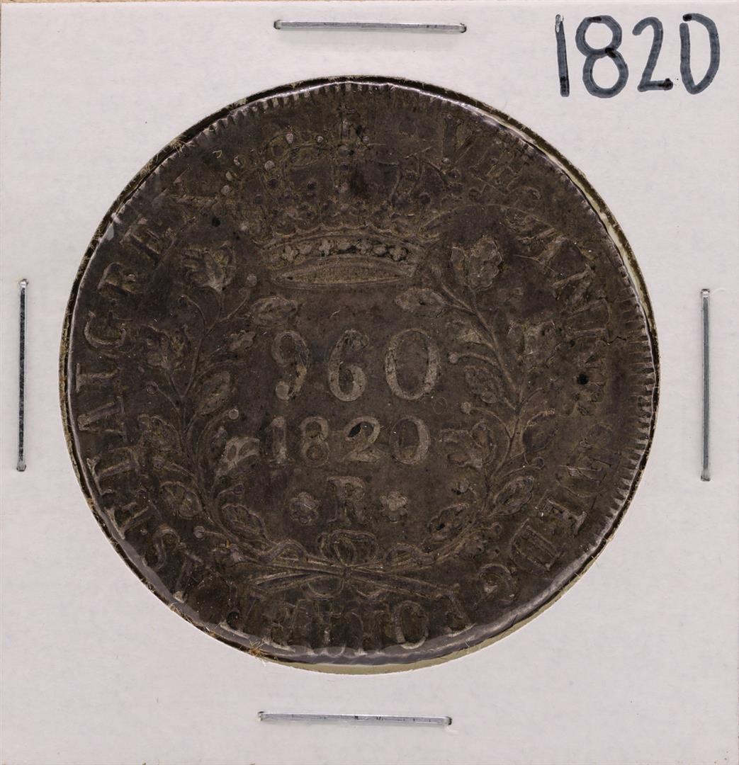 1820-R Brazil 960 Reis Silver Coin: One 1820-R Brazil 960 Reis Silver Coin.