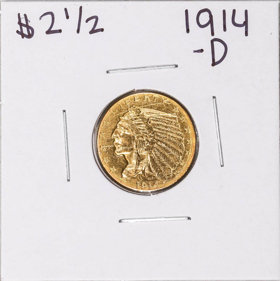 1914-D $2 1/2 Indian Head Quarter Eagle Gold Coin: One 1914-D $2 1/2 Indian Head Quarter Eagle Gold Coin, please note there is some graffiti on the obverse of coin, and the reverse rim as shown in the pictures.