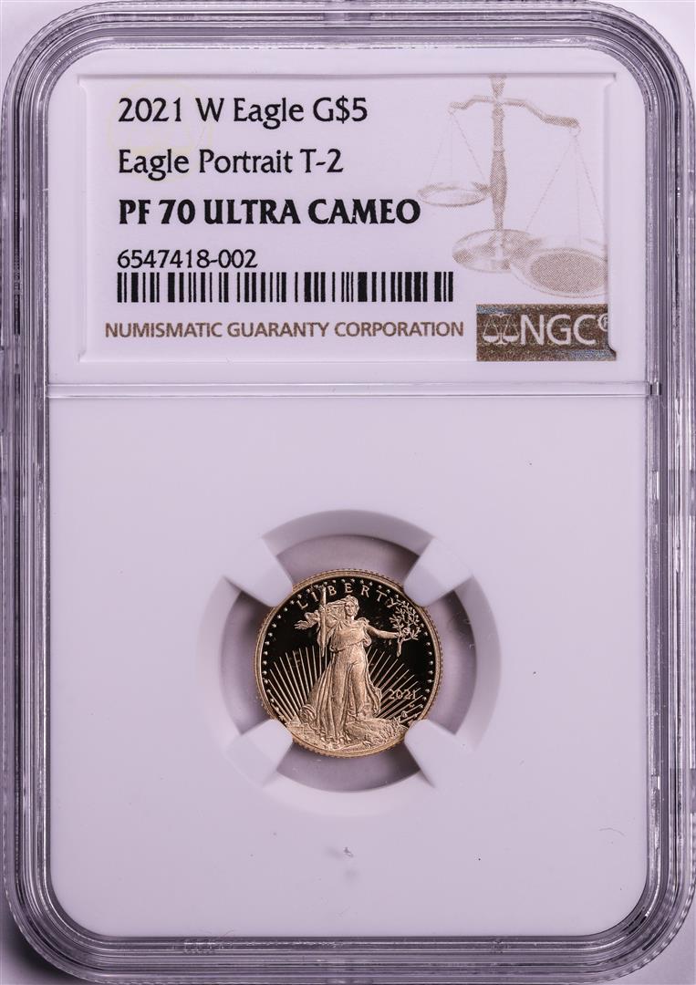 2021-W Type 2 $5 Proof American Gold Eagle Coin NGC PF70 Ultra Cameo: One 2021-W Type 2 $5 Proof American Gold Eagle Coin NGC PF70 Ultra Cameo. NGC Certified.