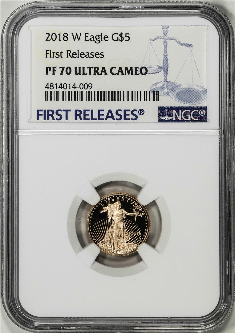 2018-W $5 Proof American Gold Eagle Coin NGC PF70 Ultra Cameo First Releases: One 2018-W $5 Proof American Gold Eagle Coin NGC PF70 Ultra Cameo First Releases. NGC Certified.