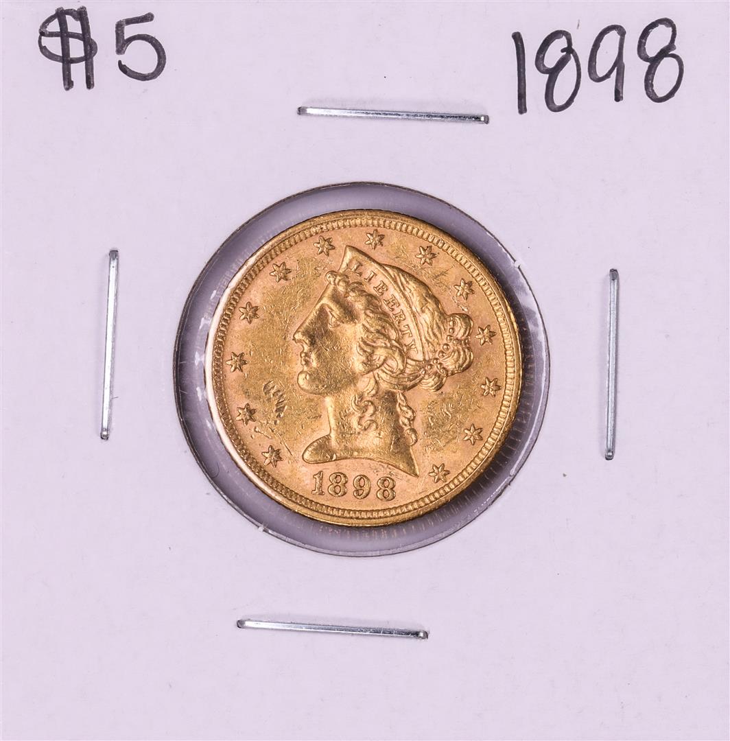 1898 $5 Liberty Head Half Eagle Gold Coin: One 1898 $5 Liberty Head Half Eagle Gold Coin.