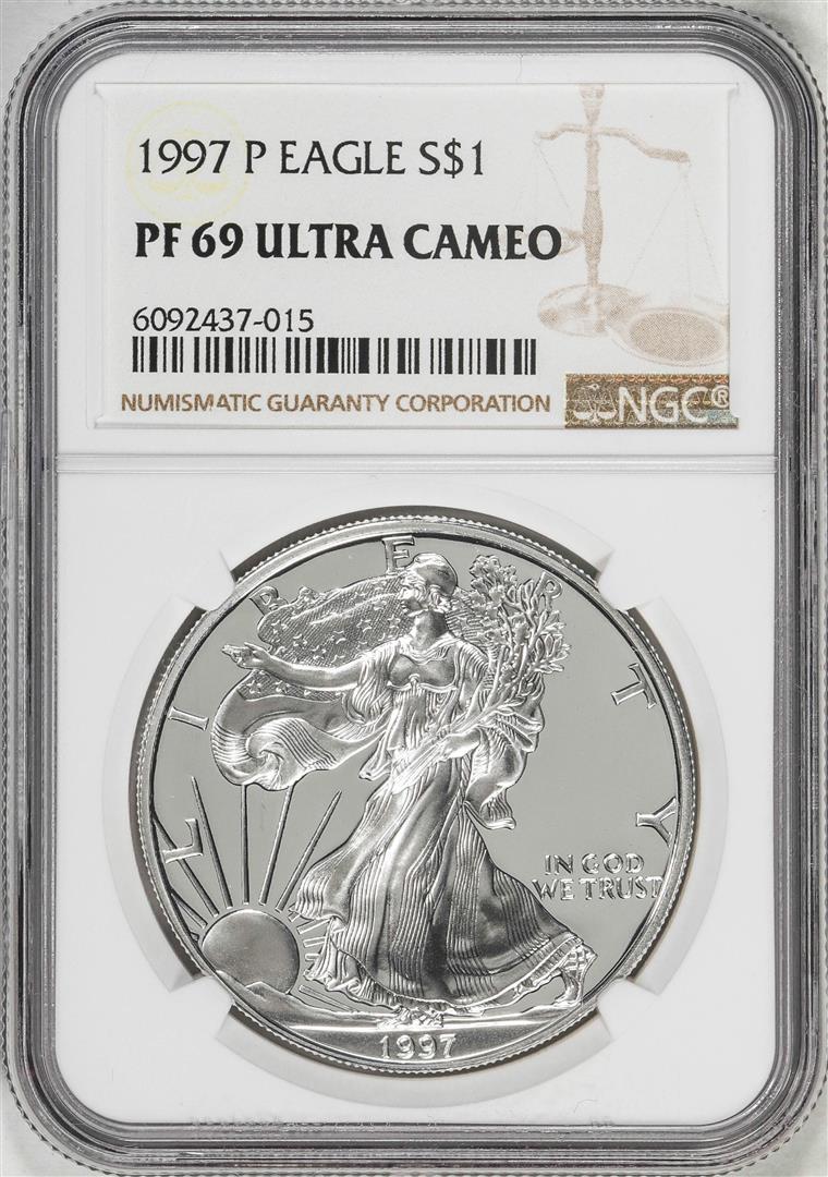 1997-P $1 Proof American Silver Eagle Coin NGC PF69 Ultra Cameo: One 1997-P $1 Proof American Silver Eagle Coin NGC PF69 Ultra Cameo. NGC Certified.
