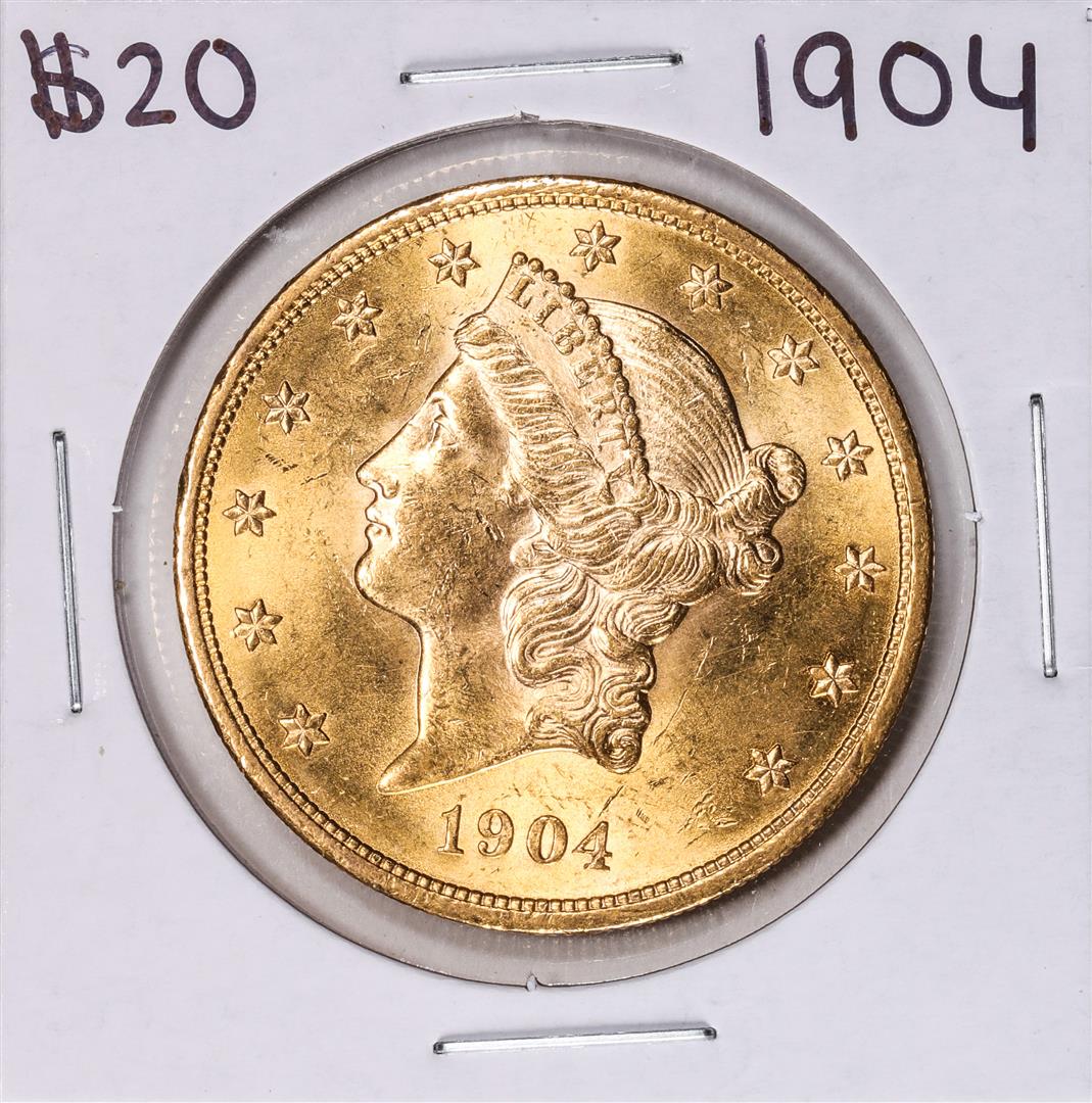 1904 $20 Liberty Head Double Eagle Gold Coin: One 1904 $20 Liberty Head Double Eagle Gold Coin.