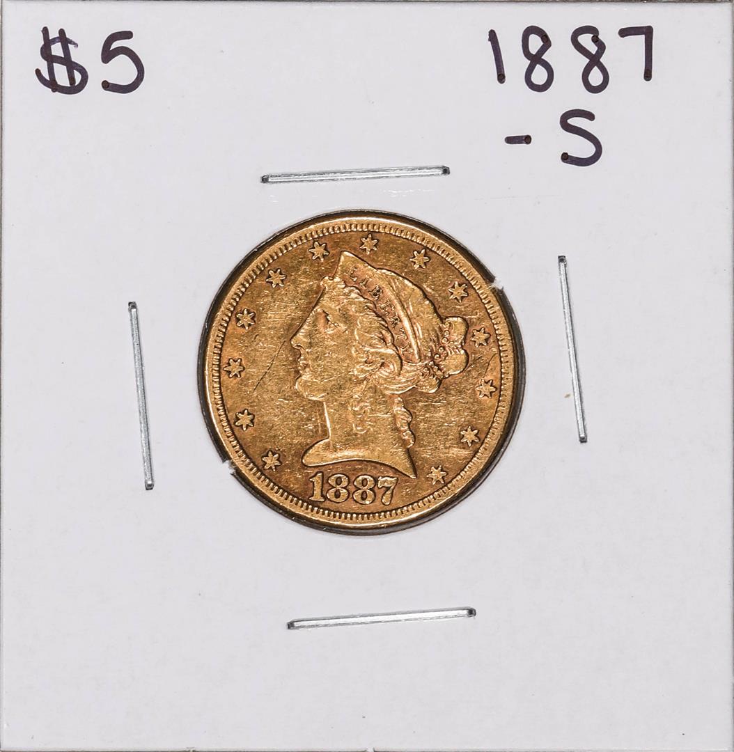 1887-S $5 Liberty Head Half Eagle Gold Coin: One 1887-S $5 Liberty Head Half Eagle Gold Coin.