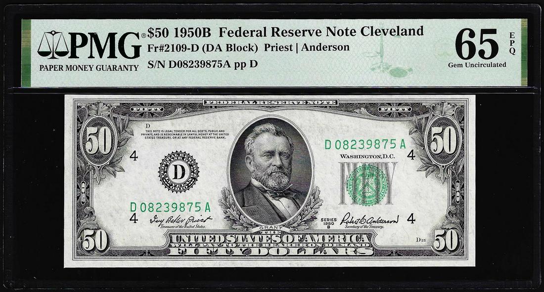 1950B $50 Federal Reserve Note Cleveland Fr.2109-D PMG Gem Uncirculated 65EPQ: One 1950B $50 Federal Reserve Note Cleveland Fr.2109-D PMG Gem Uncirculated 65EPQ. PMG Certified.