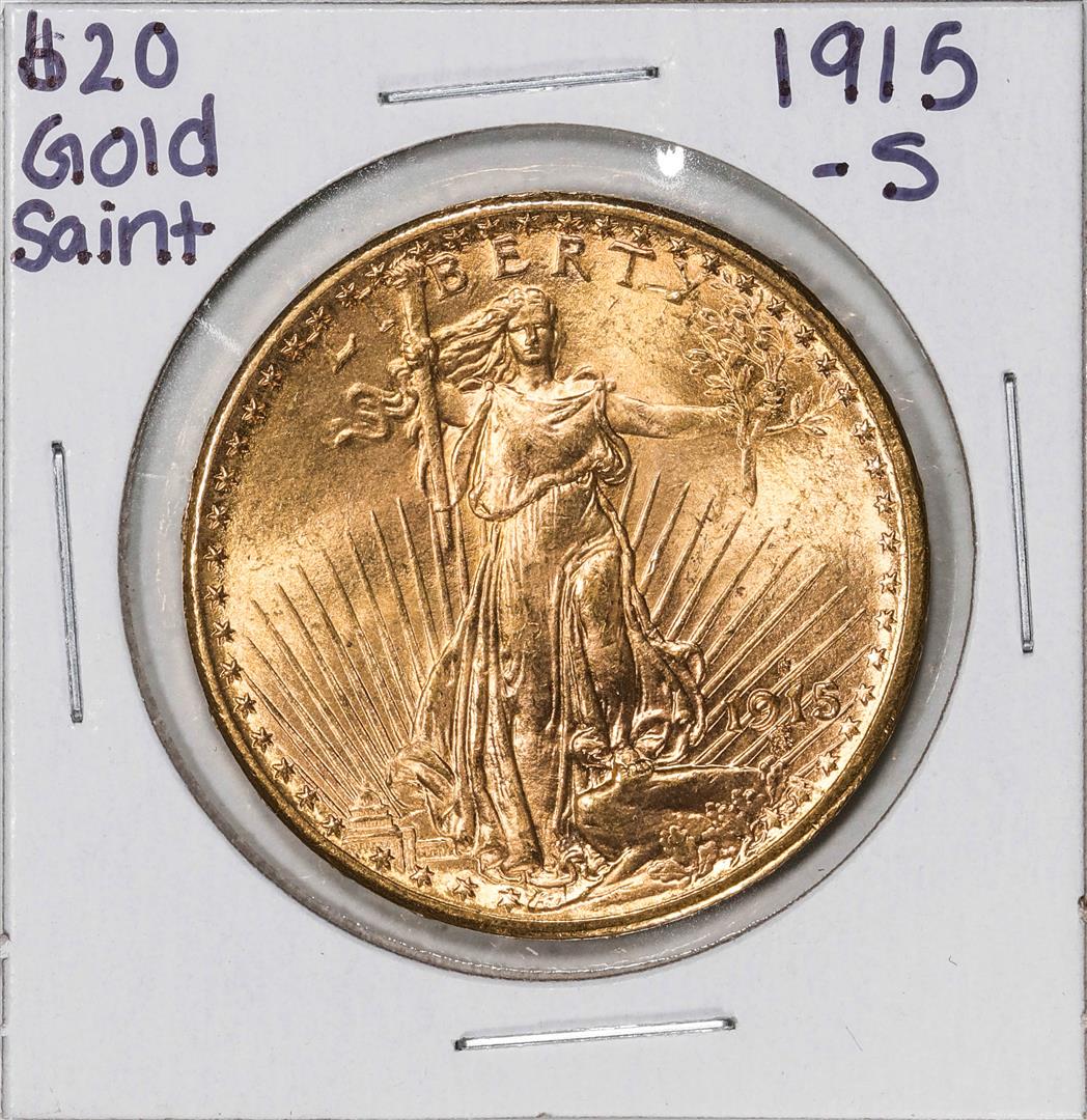 1915-S $20 St. Gaudens Double Eagle Gold Coin: One 1915-S $20 St. Gaudens Double Eagle Gold Coin.