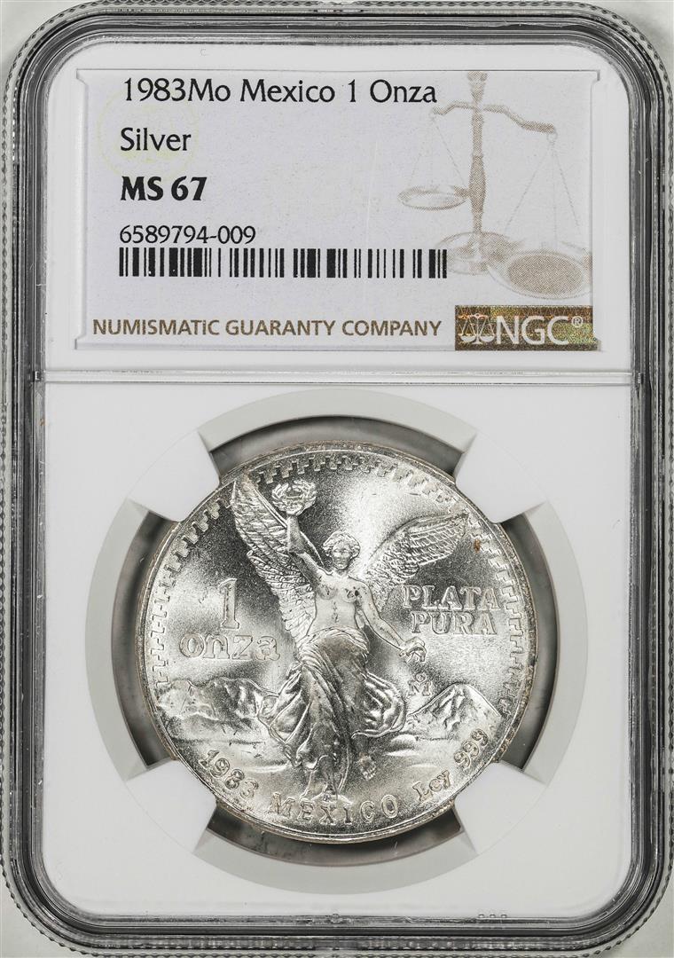 1983Mo Mexico 1 Onza Libertad Silver Coin NGC MS67: One 1983Mo Mexico 1 Onza Libertad Silver Coin NGC MS67. NGC Certified.