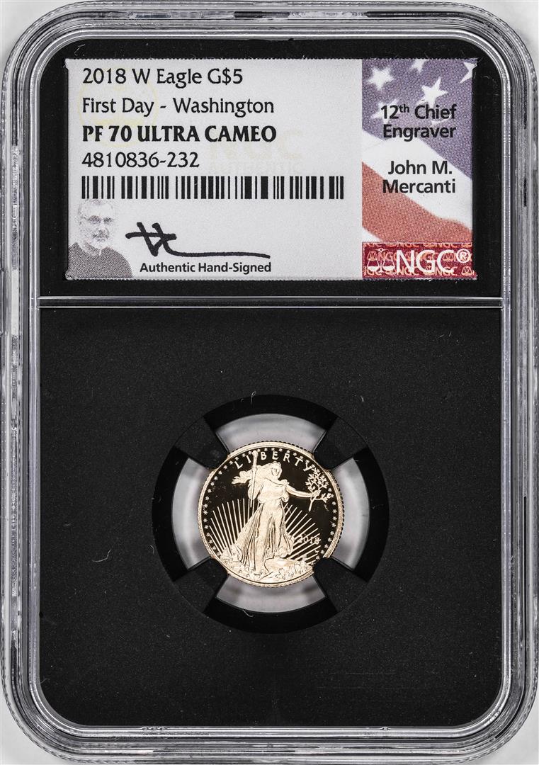 2018-W Proof $5 American Gold Eagle Coin NGC PF70 Ultra Cameo Mercanti Signed FD: One 2018-W Proof $5 American Gold Eagle Coin NGC PF70 Ultra Cameo Mercanti Signed FD. NGC Certified.