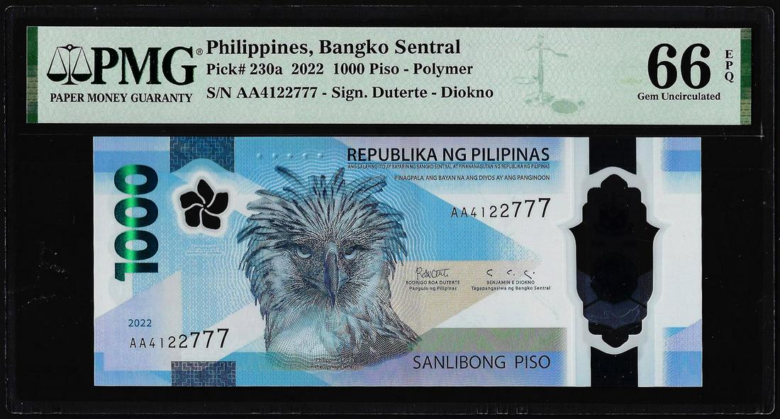 2022 Philippines Central Bank 1000 Piso Note Pick# 230a PMG Gem Uncirculated 66EPQ: One 2022 Philippines Central Bank 1000 Piso Note Pick# 230a PMG Gem Uncirculated 66EPQ. PMG Certified.