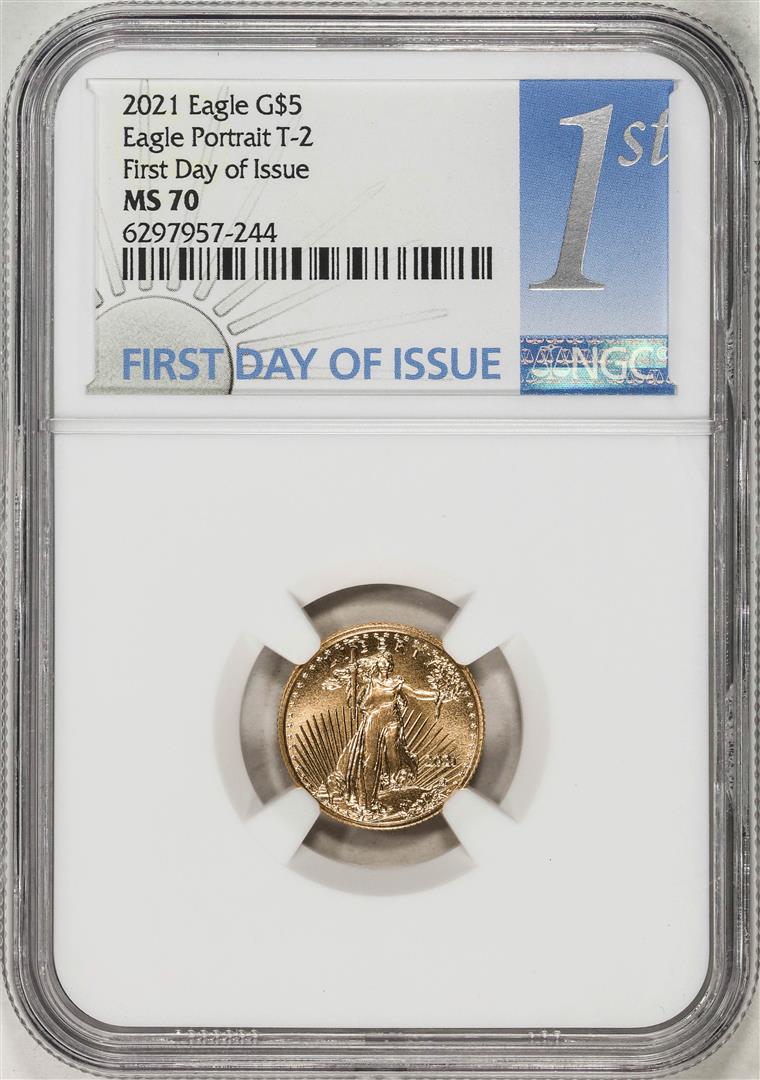 2021 Type 2 $5 American Gold Eagle Coin NGC MS70 First Day of Issue: One 2021 Type 2 $5 American Gold Eagle Coin NGC MS70 First Day of Issue. NGC Certified.