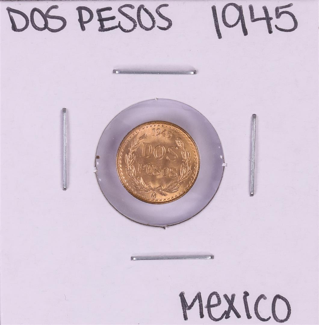 1945 Mexico Dos Pesos Gold Coin: One 1945 Mexico Dos Pesos Gold Coin.