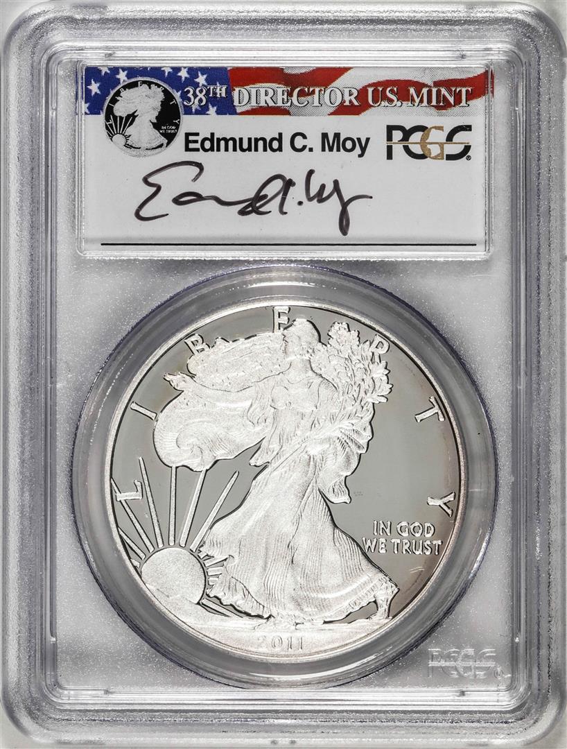 2011-W $1 Proof American Silver Eagle Coin PCGS PR69DCAM Edmund Moy Signature: One 2011-W $1 Proof American Silver Eagle Coin PCGS PR69DCAM Edmund Moy Signature. PCGS Graded.