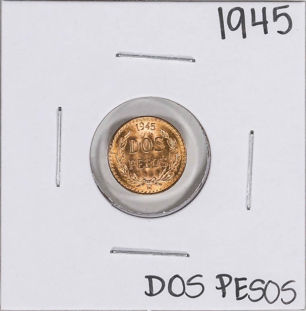 1945 Mexico Dos Pesos Gold Coin: One 1945 Mexico Dos Pesos Gold Coin.