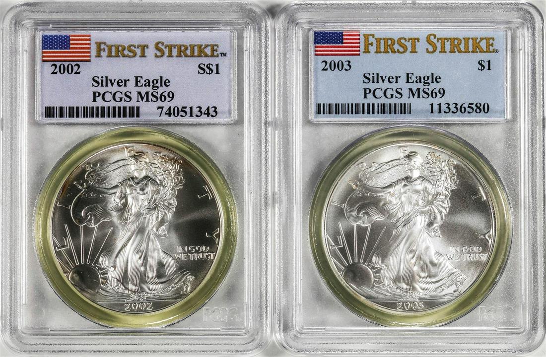 Lot of 2002 & 2003 $1 American Silver Eagle Coins PCGS MS69 First Strike: One Lot of 2002 & 2003 $1 American Silver Eagle Coins PCGS MS69 First Strike. PCGS Graded.
