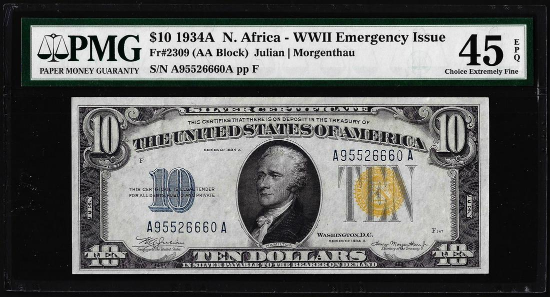 1934A $10 North Africa WWII Silver Certificate Note PMG Choice Extremely Fine 45EPQ: One 1934A $10 North Africa WWII Silver Certificate Note PMG Choice Extremely Fine 45EPQ. PMG Certified.