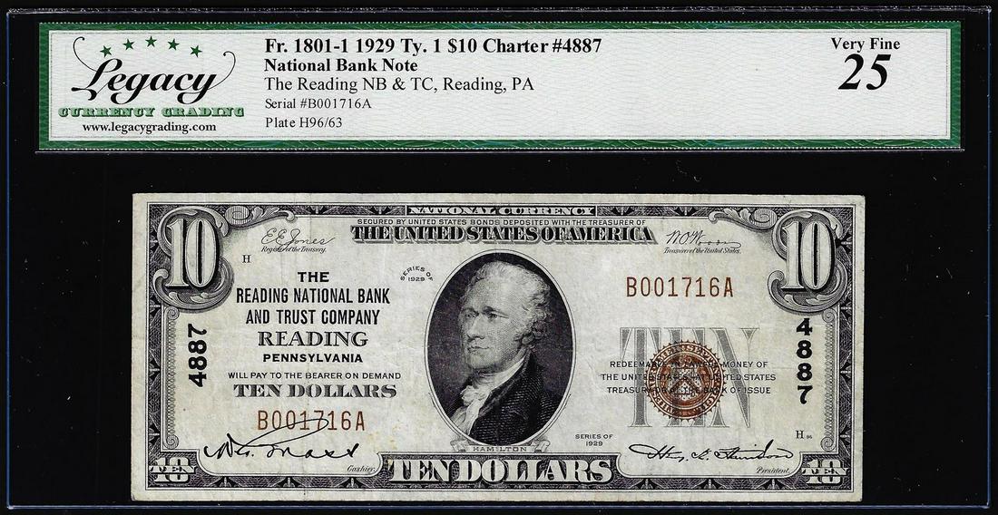 1929 $10 NB Reading, PA CH# 4887 Fr.1801-1 National Currency Note Legacy Very Fine 25: One 1929 $10 NB Reading, PA CH# 4887 Fr.1801-1 National Currency Note Legacy Very Fine 25. Legacy Graded.