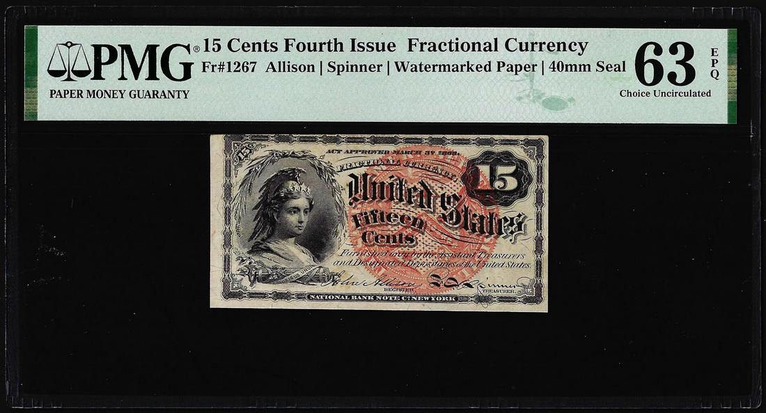 1863 4th Issue 15 Cents Fractional Currency Note Fr.1267 PMG Ch. Uncirculated 63EPQ: One 1863 4th Issue 15 Cents Fractional Currency Note Fr.1267 PMG Ch. Uncirculated 63EPQ. PMG Certified.
