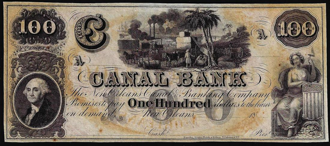 1800's $100 Canal Bank New Orleans, Louisiana Obsolete Currency Note: One 1800's $100 Canal Bank New Orleans, Louisiana Obsolete Currency Note.