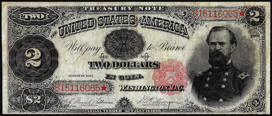 1891 $2 Treasury Note: One 1891 $2 Treasury Note.