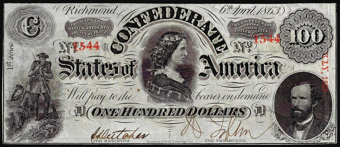 1863 $100 Confederate States of America Note: One 1863 $100 Confederate States of America Note.