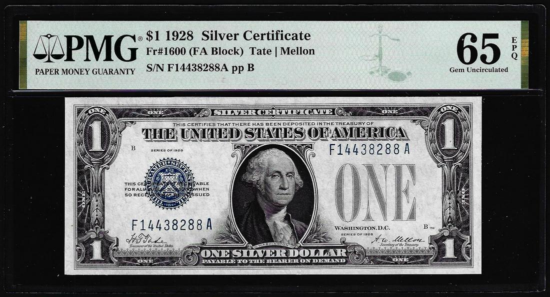 1928 $1 Funnyback Silver Certificate Note Fr.1600 PMG Gem Uncirculated 65EPQ: One 1928 $1 Funnyback Silver Certificate Note Fr.1600 PMG Gem Uncirculated 65EPQ. PMG Certified.