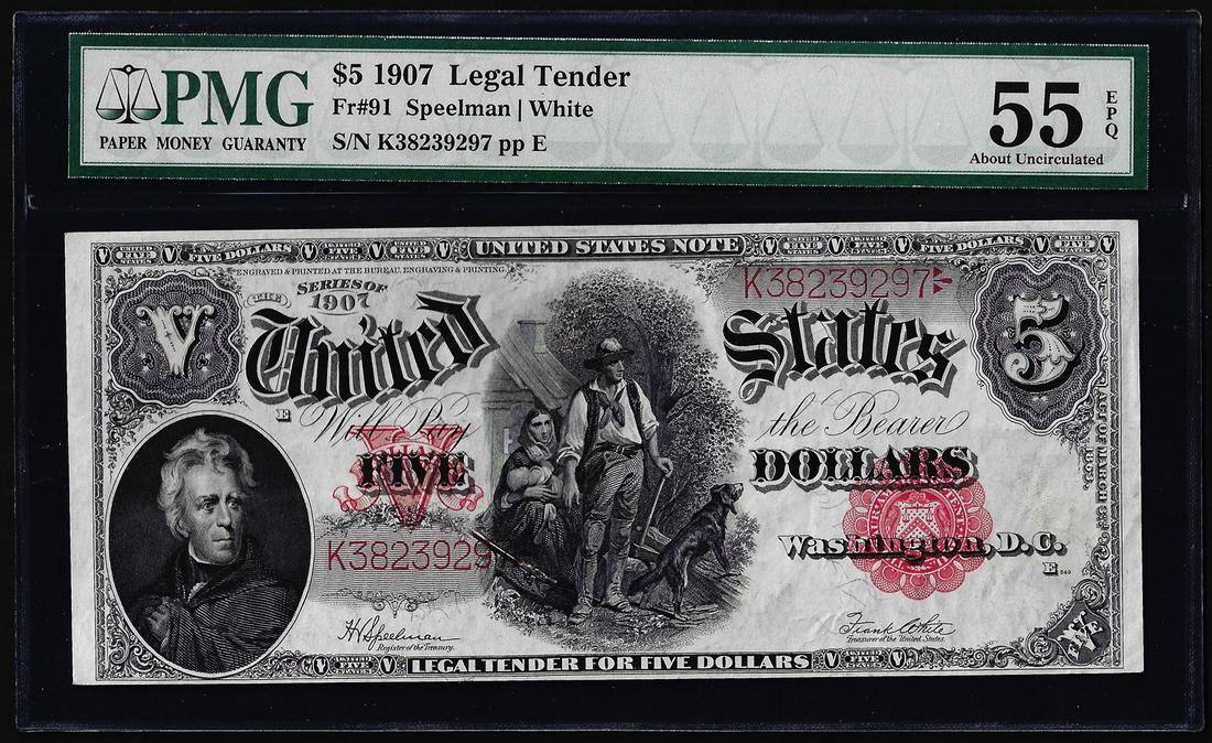 1907 $5 Woodchopper Legal Tender Note Fr.91 PMG About Uncirculated 55EPQ: One 1907 $5 Woodchopper Legal Tender Note Fr.91 PMG About Uncirculated 55EPQ. PMG Certified.